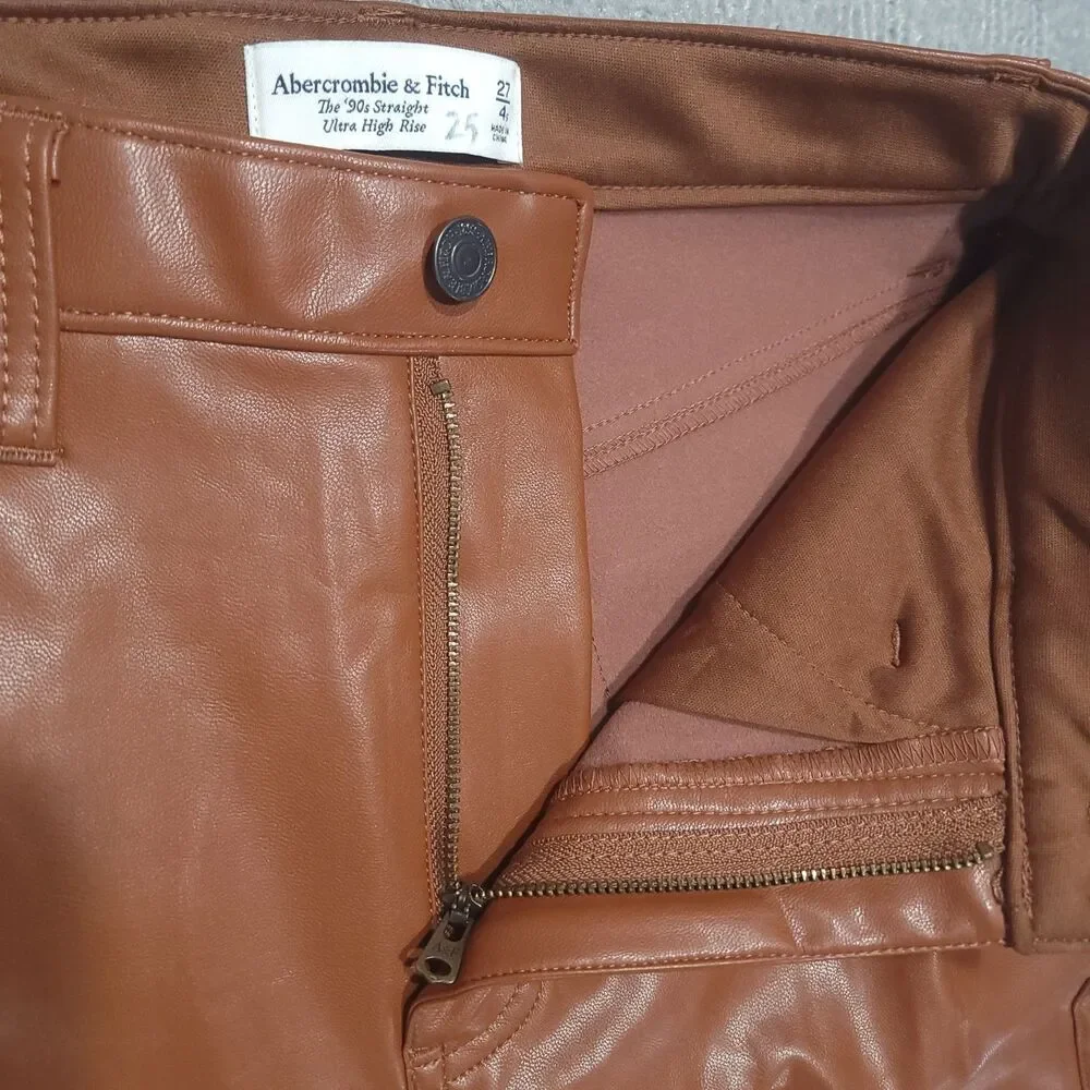 Abercrombie Fitch 90s Ultra High Rise Straight Faux Leather Pants Women 27 Brown